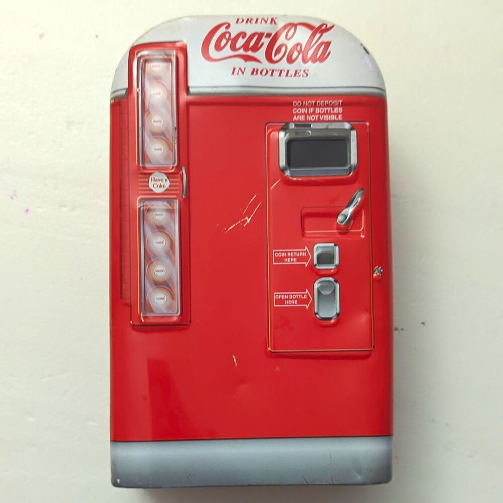 Coca-Cola Vending Machine Shaped Tin Canister Box Red/White/Silver 2000